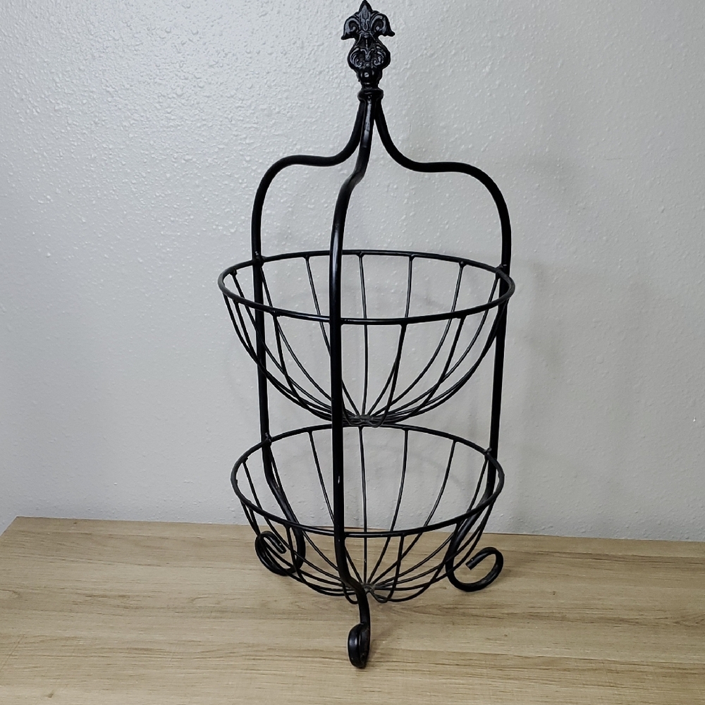 Black Metal 2 Tier Fruit Basket Stand Vegetable Basket Stand Bowl